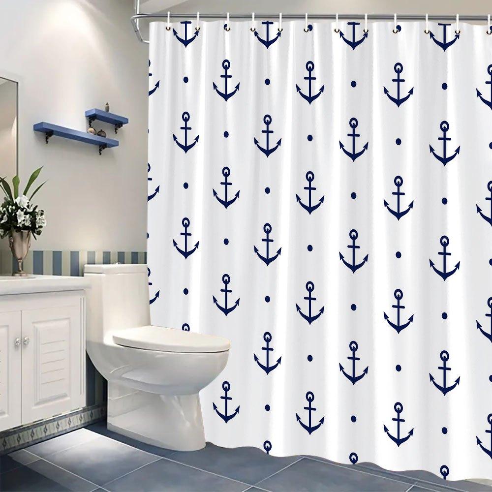 Navy Blue Anchors & Dots Shower Curtain - Minimalist Nautical Design, 70x70 Inches, Washable Polyester with Hooks