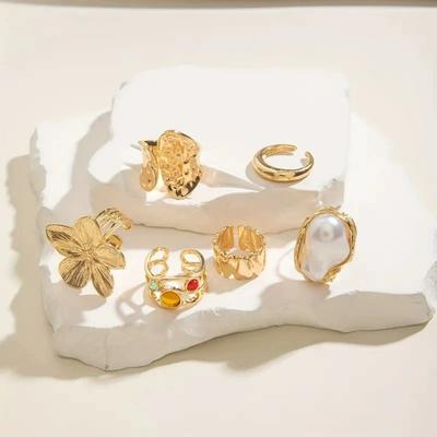 6PC Irregular Exaggerated Metal Flower Open Rings Women Elegant Baroque Imitation Pearl Ring Jewelry Accessories