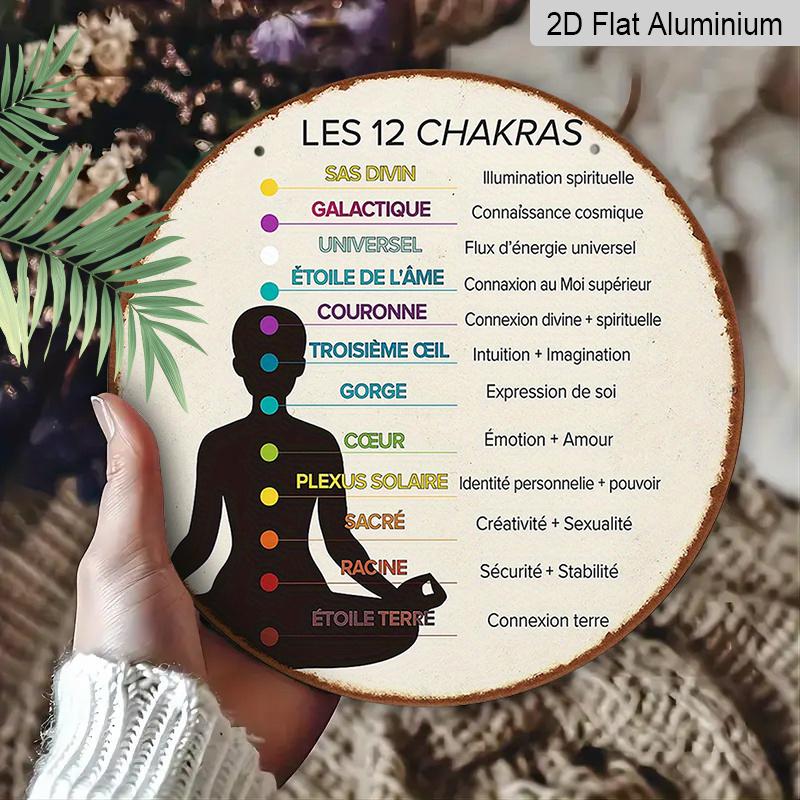 2D Flach, 1 Stück 7,87" Französisches Chakra-Rad (12 Chakren) Meditations Yoga Aluminiumschild, Vintage Spirituelles Schild für, Studio & Meditationsraum Dekoration, Chakra