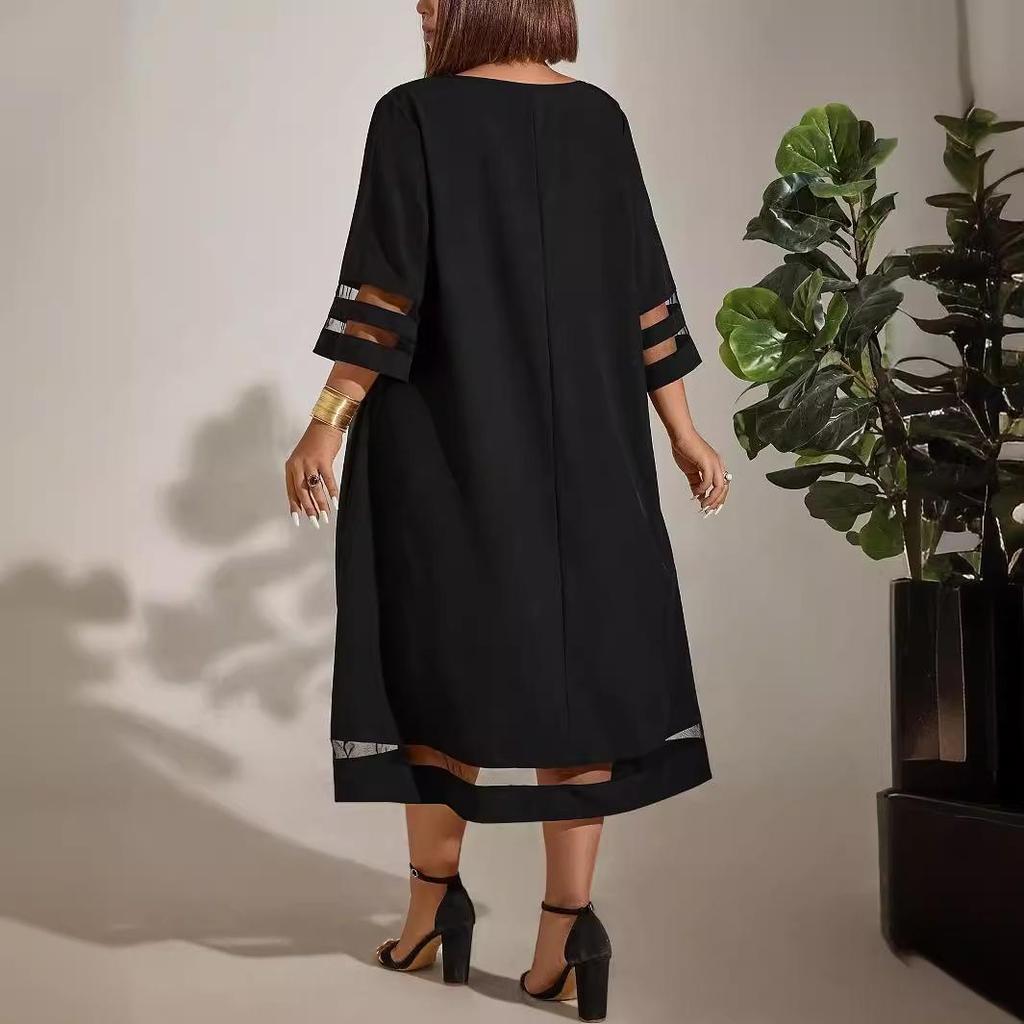Women's Fashion Summer Spring Solid Color Print 3/4 Sleeves O-Neck Loose Waistline Casual Dresses