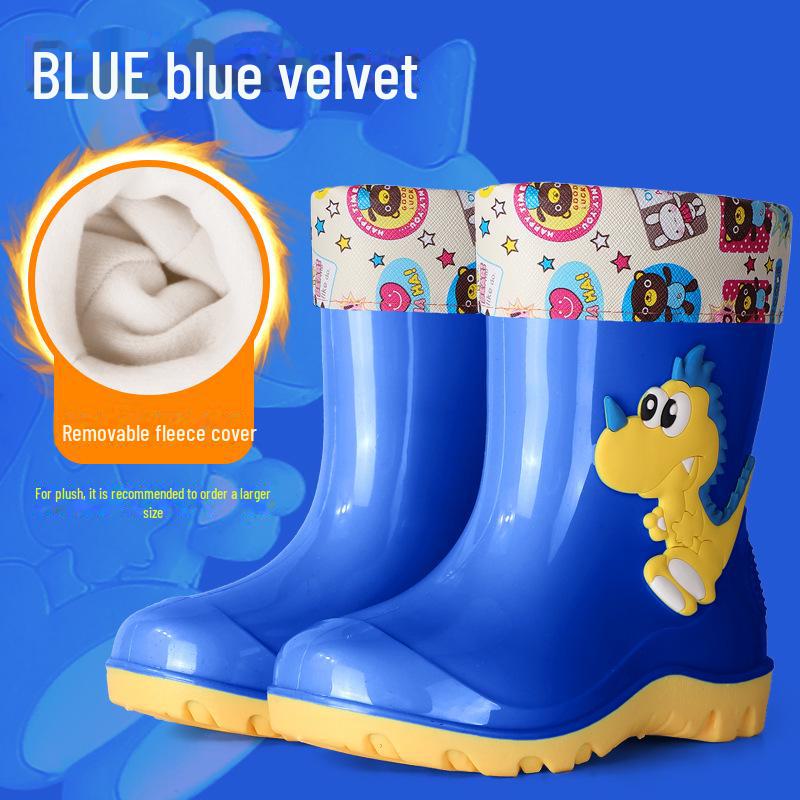 Cizme de ploaie cu dinozauri pentru copii: Pantofi de apă drăguți cu tub mediu și căptușeală de catifea pentru băieți și fete.
