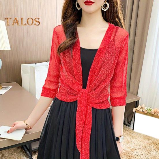 Damen Schalmantel mit V-Ausschnitt, 3/4-Ärmel, zum Schnüren, dünner Mantel, einfarbig, Riemchendesign, normale Passform, Oberteil für Cocktailpartys