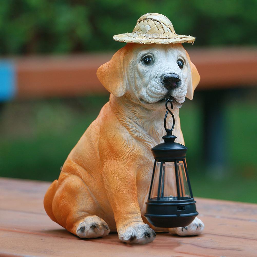 Resin Garden Dog Statues with Straw Hat and Solar LED Lantern Adorable Dog Figurines Puppy Decorations for Yard Patio Lawn Porch