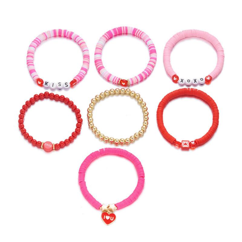 Love Heart Soft Clay Bracelets Set For Women With Pink Acrylic Letter Beads Hand Jewelry Gift