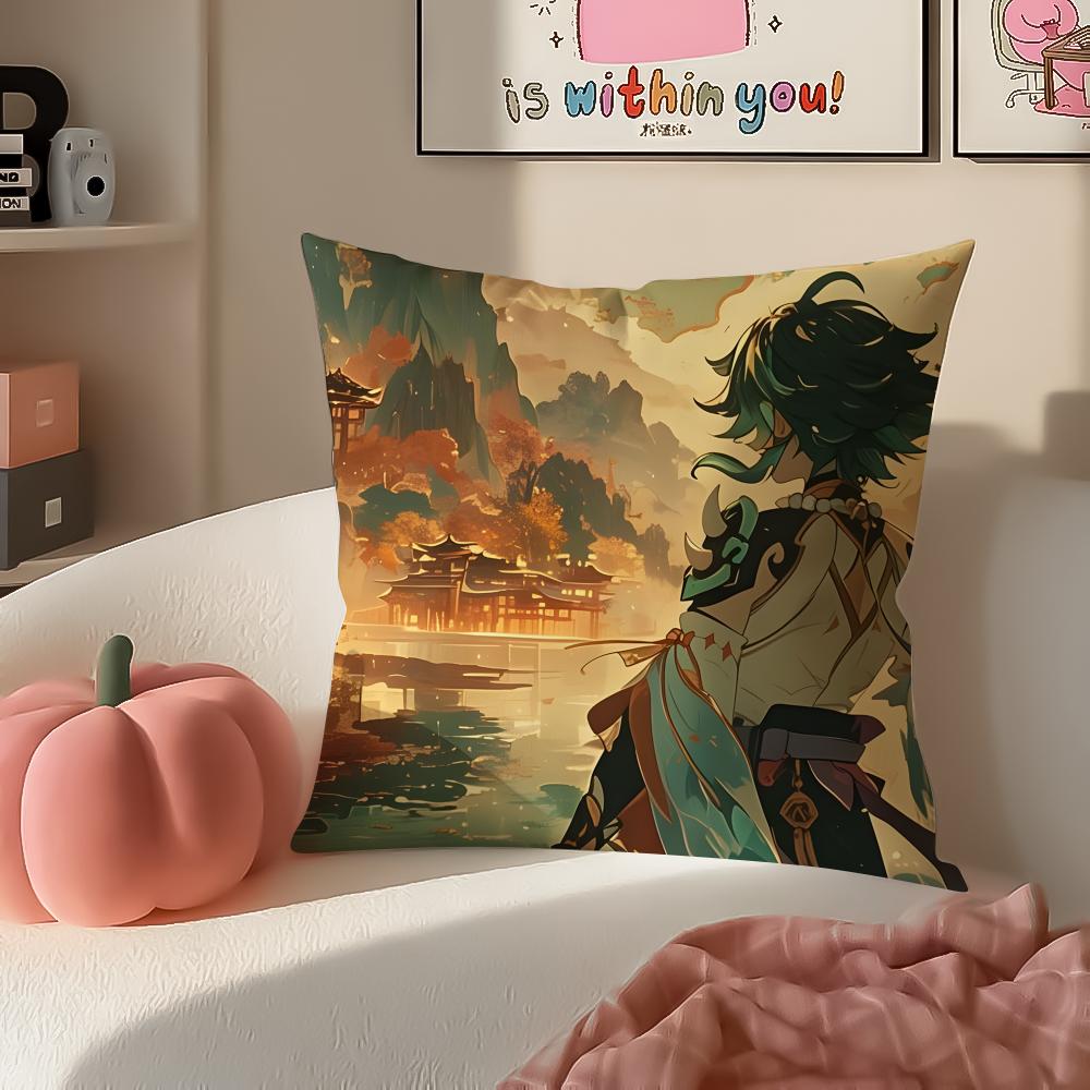 Game Genshin Xiao Cushion Cover Pillowcase Short Plush Invisible zipper Room Sofa Cushion Cover