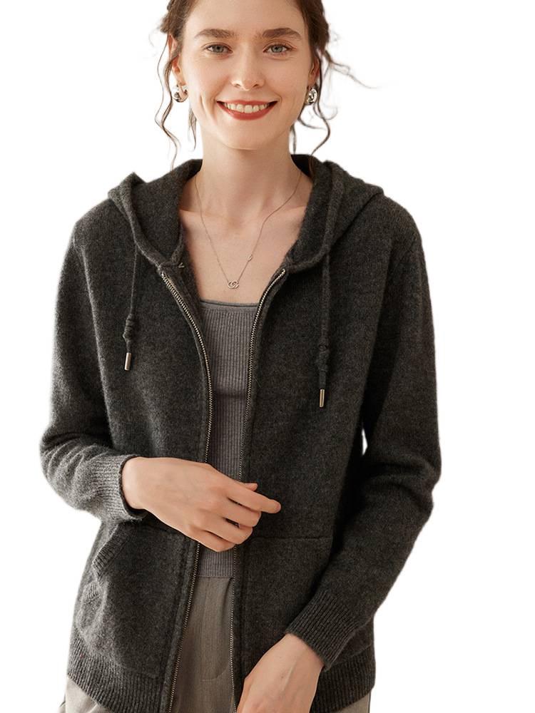 Damen Kapuzen-Kaschmir-Strickjacke mit Kordelzug - Lässige Unifarbe, Lockerer Schnitt, Langarm, Reißverschlussjacke für 2025