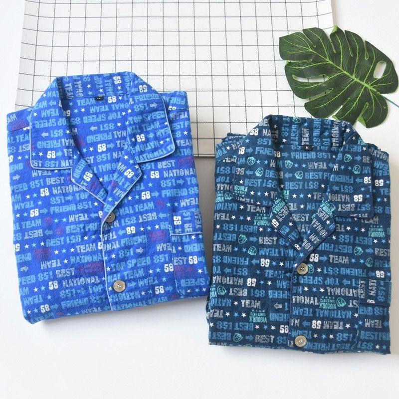 Japan Fashion Cotton Sanding Flannel Print Men's Long Sleeve Trousers Pajamas Set Spring, Autumn and Winter Cotton Lapel Homewear