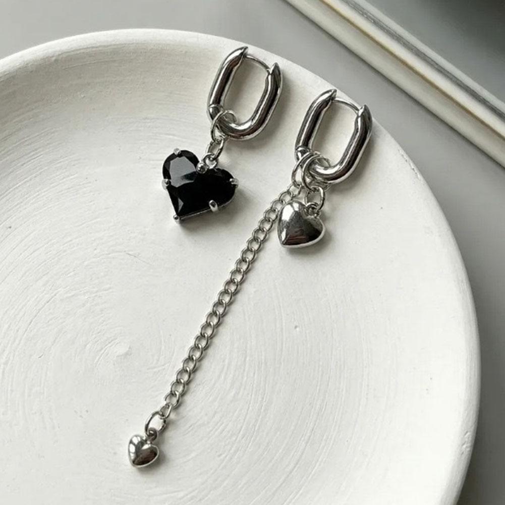 Titanium Steel Asymmetrical Heart Zircon Long Tassel Dangle Earrings Minimal Elegant Fashion Women Daily Party Jewelry Gift