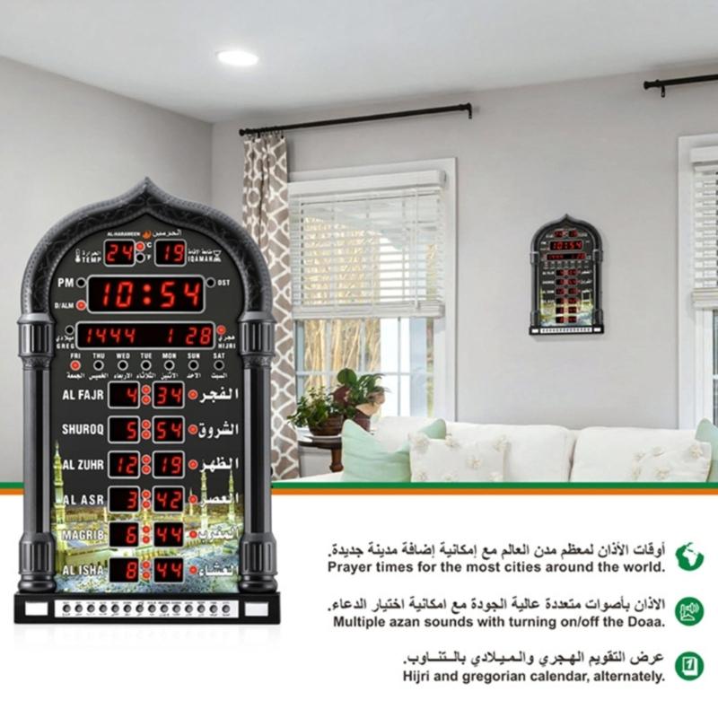 LED Azan Clock Believers Prayer Time Display with Hijri & Gregorian Calendars Decorative Clock for Home Office Mosque