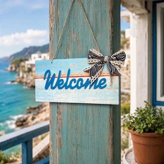 Yangyizhi Welcome Decorative Sign, Wooden Mediterranean Retro Style Wall Mounted Door Sign for Indoor Outdoor Use