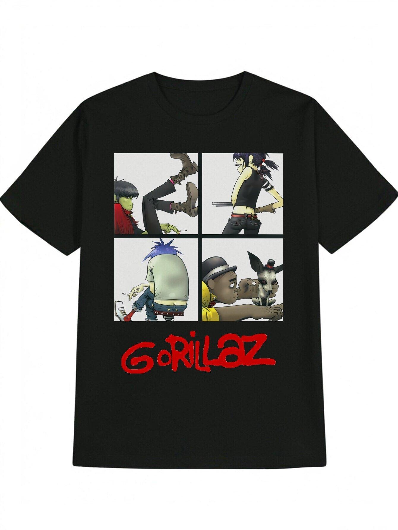 Casual Crew Neck T-shirt with Gorillaz Graphic Design - Black XXXL