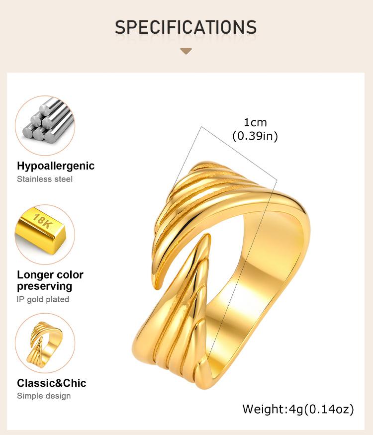 Adjustable Angel Wings Ring for Women, 18K Gold Plated Stainless Steel Wrap Bypass Band, Waterproof Jewelry