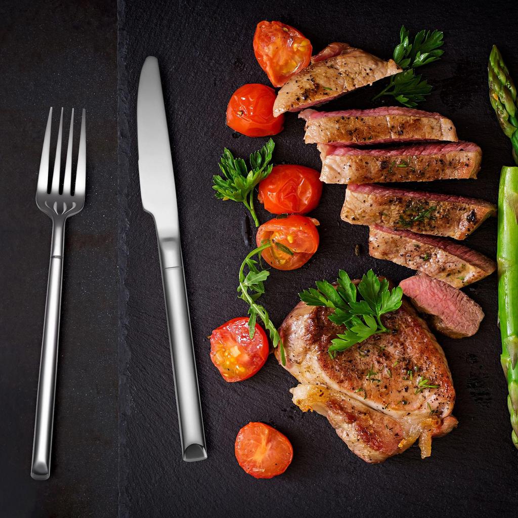 2026 Modernes Edelstahl-Besteckset: Premium Steakmesser, Gabel und Dessertlöffel für gehobene Restaurants und Hotels.