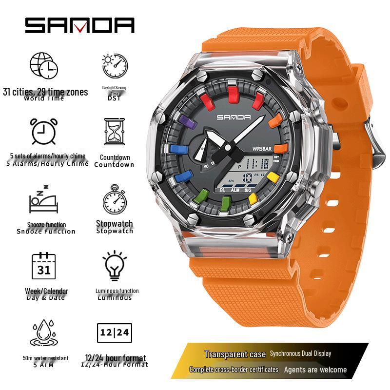 Sanda Octagonal Transparent Multifunctional Waterproof Unisex Wristwatch