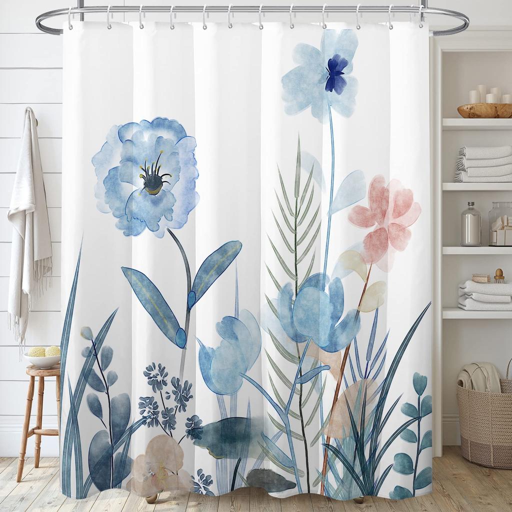 Blue Floral Shower Curtain Watercolor Flower Bath Curtain Polyester Fabric Waterproof Bathroom Curtains with Hooks Bath Screen