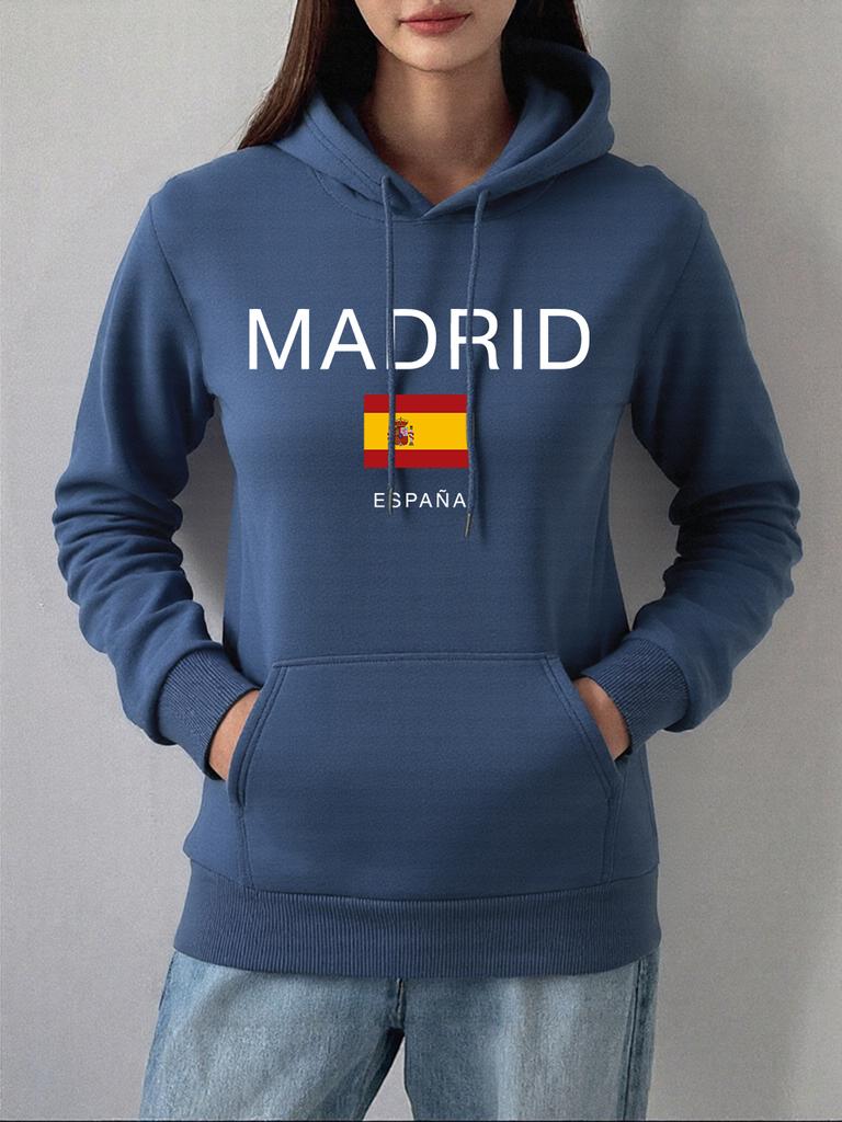 Madrid Spain Flag Printing Hoodies Women Autumn Winter Fleece Warm Sweatshirt Basics Pocket Pullover Casual Loose Womans Clothes