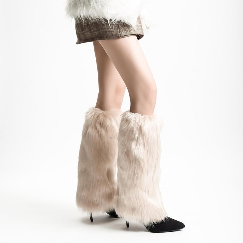Fuzzy Faux Furs Leg Warmers Furs Heels Long Boots Cuffs Cover Has Elastic One Pair Carnivals Boot Cover Y2K JK Uniform