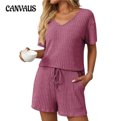 Women's New Summer Solid Colour Pit-striped Pyjamas Short-sleeved Homewear Set