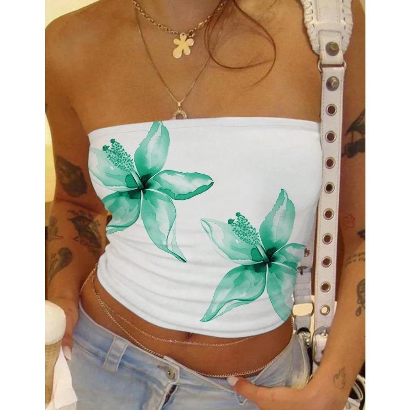 Mode Ärmelloses Bedrucktes Sommer Schlauchtop Lässig Elegant Figurbetontes Kurzes T-Shirt Lässige Einfache Crop Tops Damen Streetwear Trägerloses Top Damenbekleidung