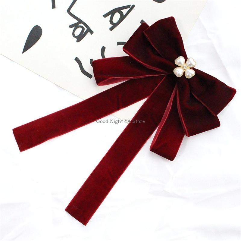 Luxurious Velvets Bows Tie For Women Sparkling Crystal Pearls Pre Tied Bows Clip