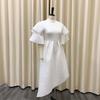 Women Elegant Party Dresses O Neck Flare Sleeve High Waisted A Line Mid Calf Solid Birthday Dinner Dress