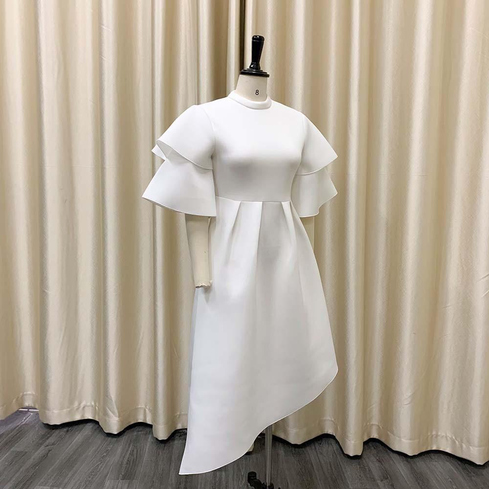 Women Elegant Party Dresses O Neck Flare Sleeve High Waisted A Line Mid Calf Solid Birthday Dinner Dress
