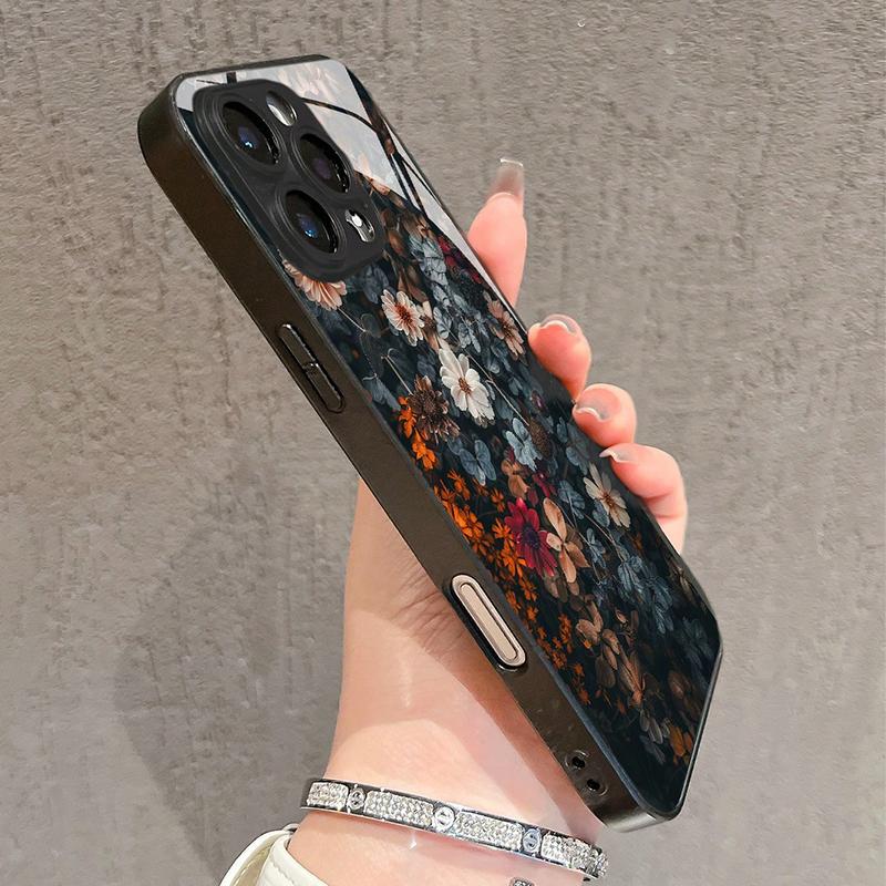 Retro Blumenmuster Anti-Drop Schutz Hülle aus gehärtetem Glas Schwarzes Handycase für Samsung Galaxy S25 S24 S23 Ultra Plus FE Harte Abdeckung