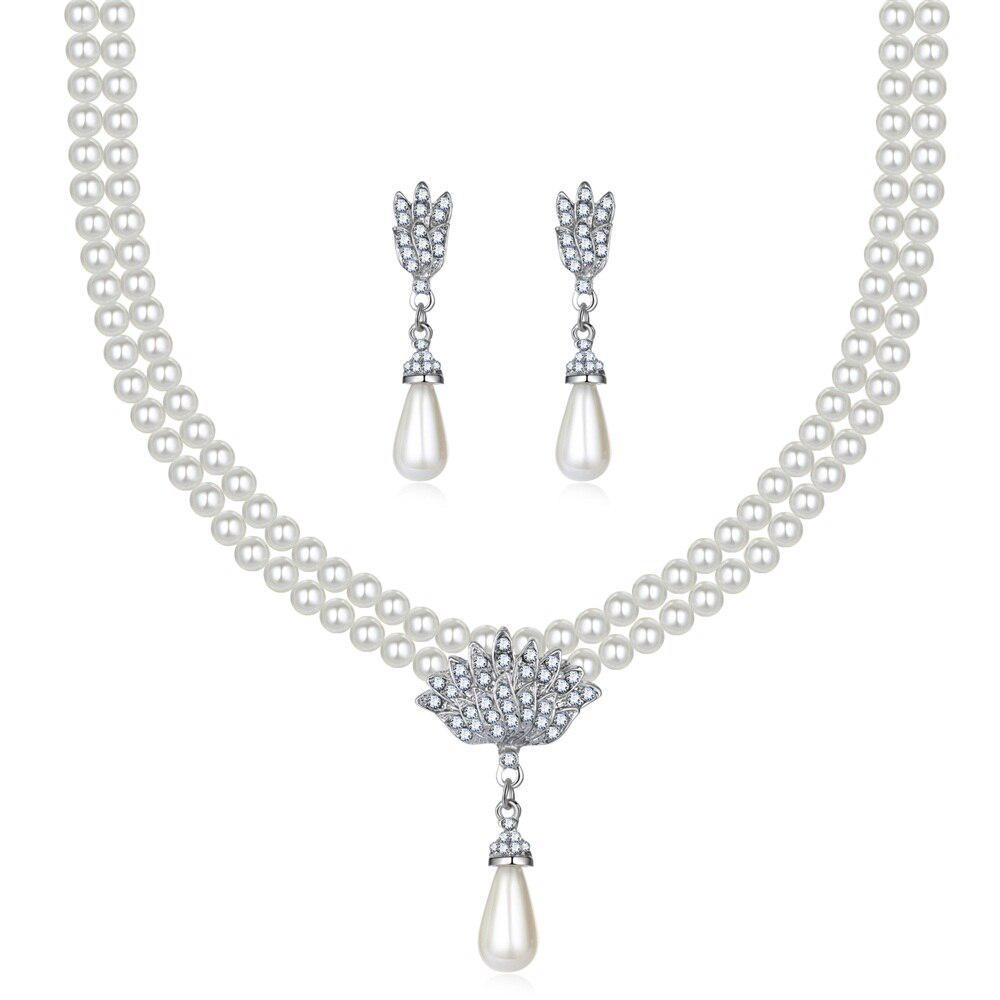 Buy Elegant Pearl Jewelry Set Crystal Pendant Necklace Earrings Women Wedding Accessories Party