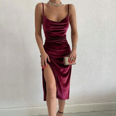 Abito Bodycon con Spacco Alto da Donna Senza Maniche con Spalline Sottili Abito Midi da Uscita Sexy con Scollo a Cascata Abito da Festa Cocktail