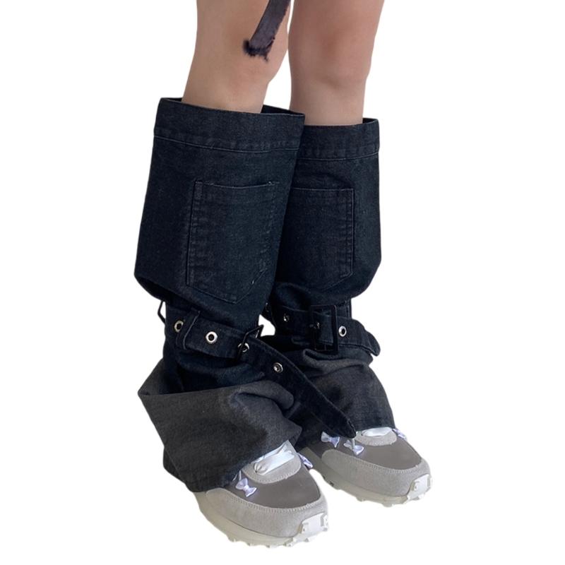 Harajuku Cargo Leg Warmers with Adjustable Buckle Strap Pocket for Women Punk Denims Baggy Foot Covers Footless Socks