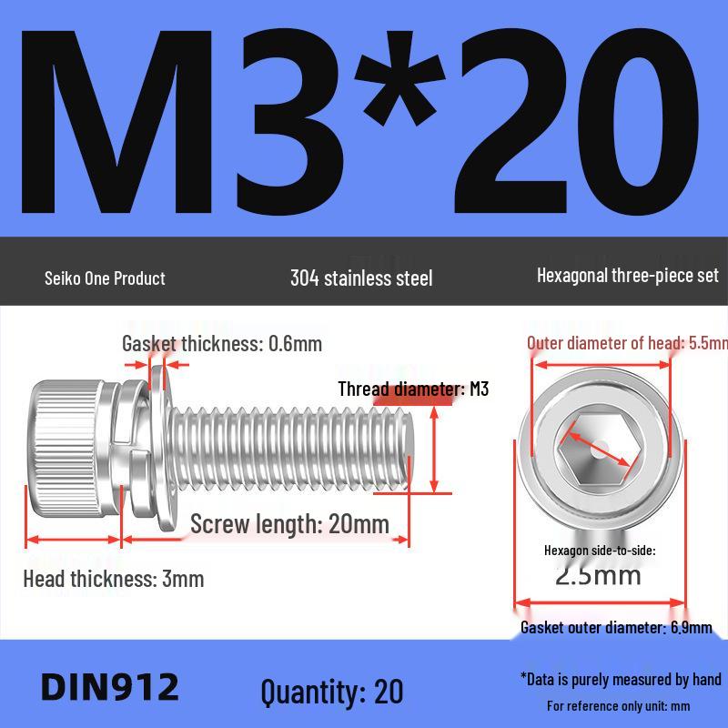 304 Stainless Steel Hex Socket Cap Screw with Washer - Sizes M3, M4, M5, M6, M8, M12