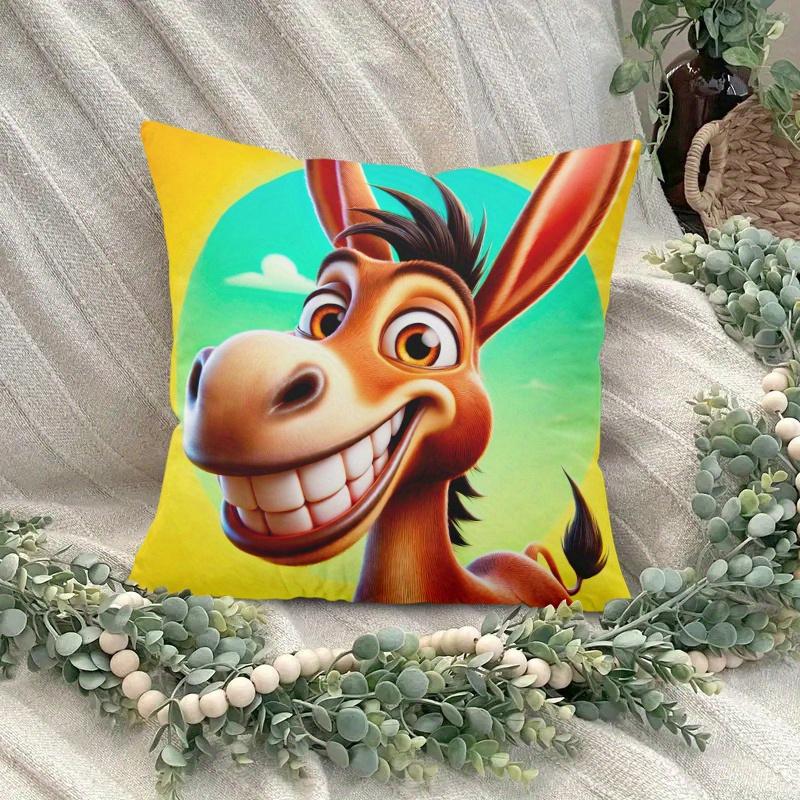 One Cushion Cover Featuring A Cheerful Donkey, Designed With A Festive Theme. It Has A Hidden Zipper And Is Suitable For Sofas,