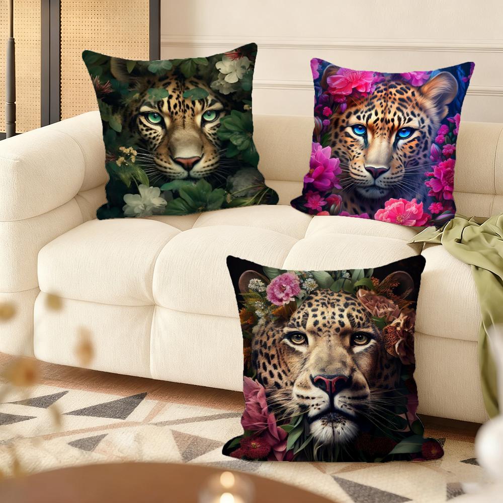 Uropean Fashion Leopard With Wreath Animal Portrait Cushion Cover Soft Plush Throw Pillow Cover  Cushion Case  Sofa Home Decor