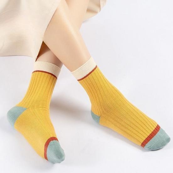 5 Pairs Women Candy Color Splicing Design Socks, Mid-tube Ribbed, Breathable, Sweat-absorbent, High Elastic