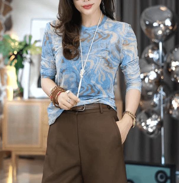 Women's 2025 Retro Print Mesh Long Sleeve T-Shirt – Stylish, Versatile Inner Layer Fashion Top