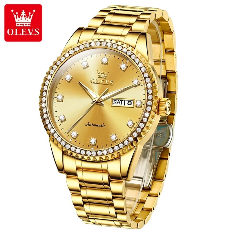 OLEVS Men's Watch Luxury Brand Diamond Automatic Mechanical Watch Stainless Steel Waterproof Calendar Business Men's Watch