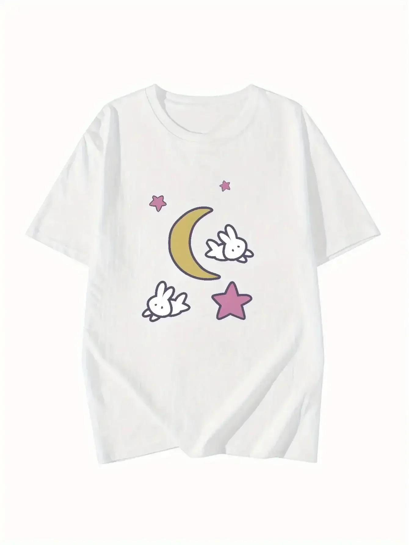 Cute Rabbits Stars and Moon Print Summer Sporty Daily Wear Tee Womens Casual Print Round Neck Short Sleeve Tops Tees Streetwear S
