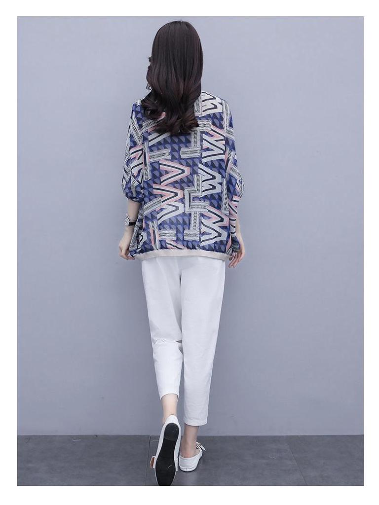 2025 Damen Übergröße Lässig Stilvoll Zweiteilig: Fünf-Ärmel Print T-Shirt & Neun-Punkte-Hose Set