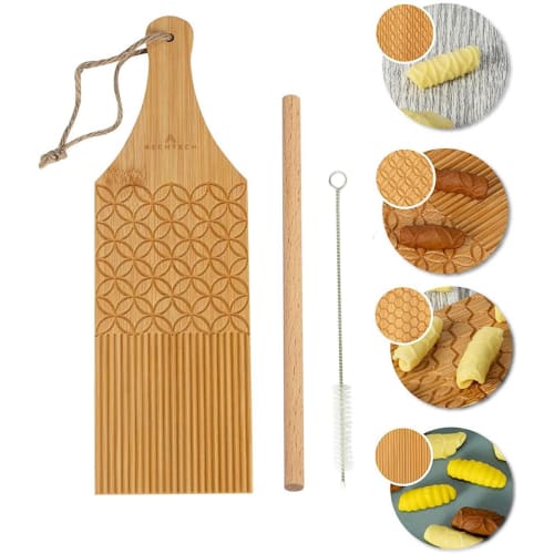 

NechTech 2-Side 4-in-1 Combo Pasta Board with Garganelli Board, Spaghetti Macaroni Maker, Bamboo Rolling, Cavatelli Pasta Maker, Gnocchi Roller, and C
