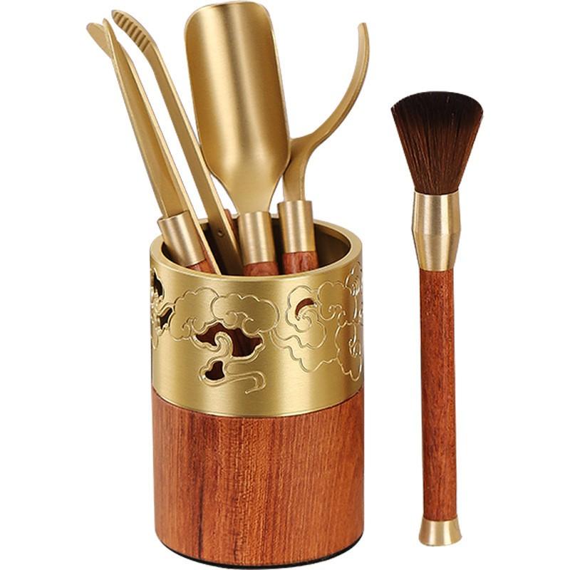 Premium Brass Ebony Wood Tea Ceremony Set Six Tools Gongfu Brewing Accessories