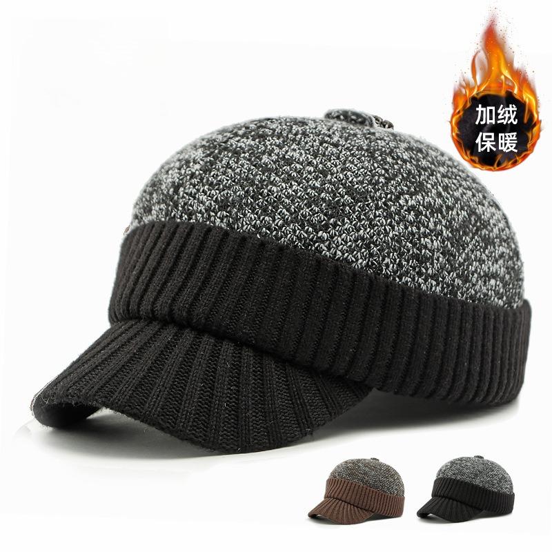 Winter Knitted Baseball Cap for Men Fleece Lined Thickened Warm Peaked Hat with Ear Protection Casual Knit Dad Cap
