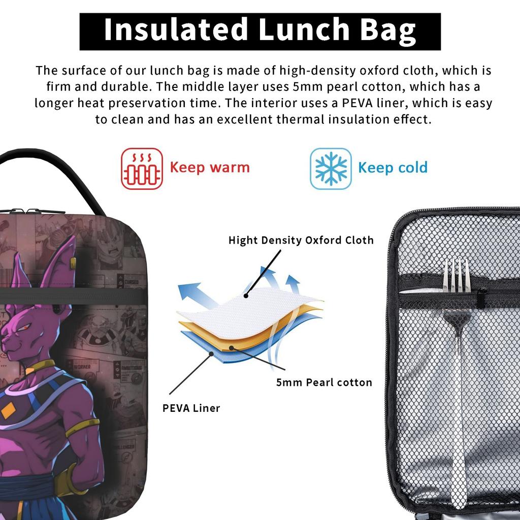 DBZ Beerus Anime Insulated Lunch Bags Leakproof Reusable Cooler Bag Lunch Box Tote School Outdoor Men Women