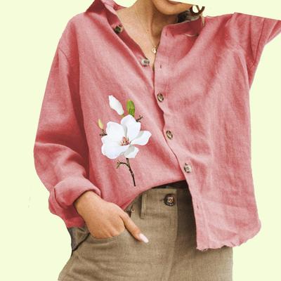 Camicetta da donna con stampa floreale, in cotone e lino, casual, abbottonata, a maniche lunghe