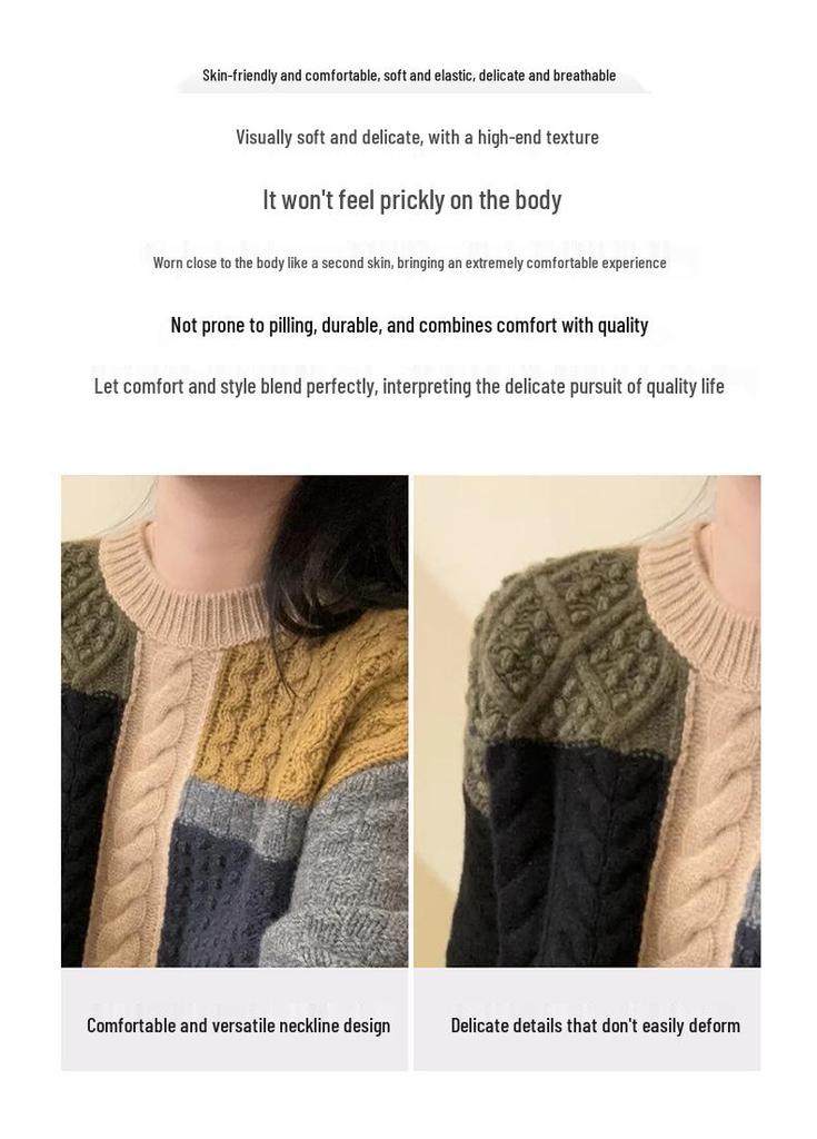Women's Wool Sweater: Color Block, Korean Style, Round Neck, Long Sleeve Knitwear for Autumn/Winter