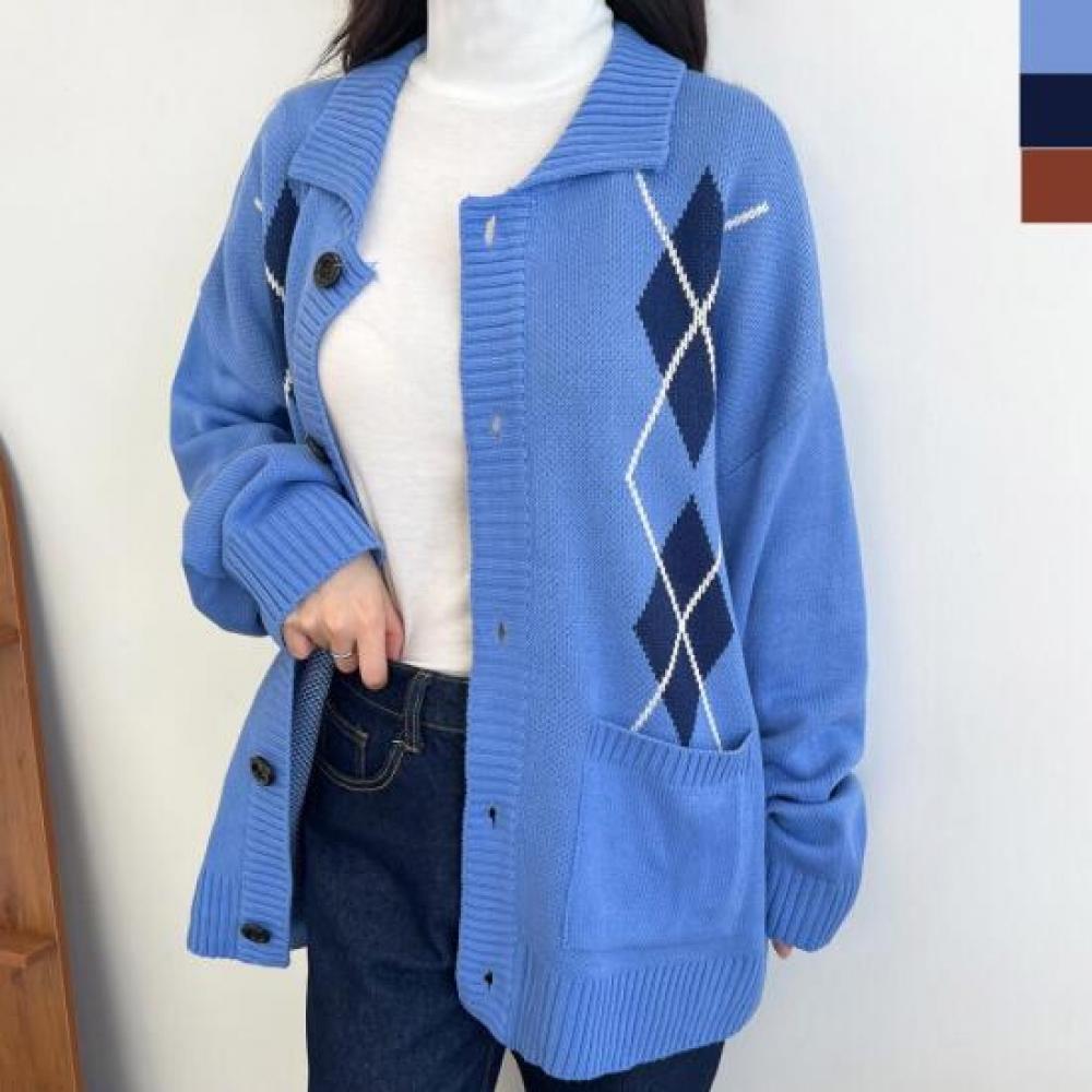 New Arrivals Open Run Women Argyle Long Cardigan Oversized