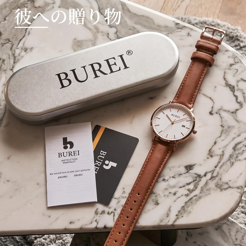 Leather Brand Business Date Slim Design [BUREI] Men's Watch, Name, Simple, Waterproof, Analog, Watch, Popular, Display, Quartz, White/Black, Stylish,