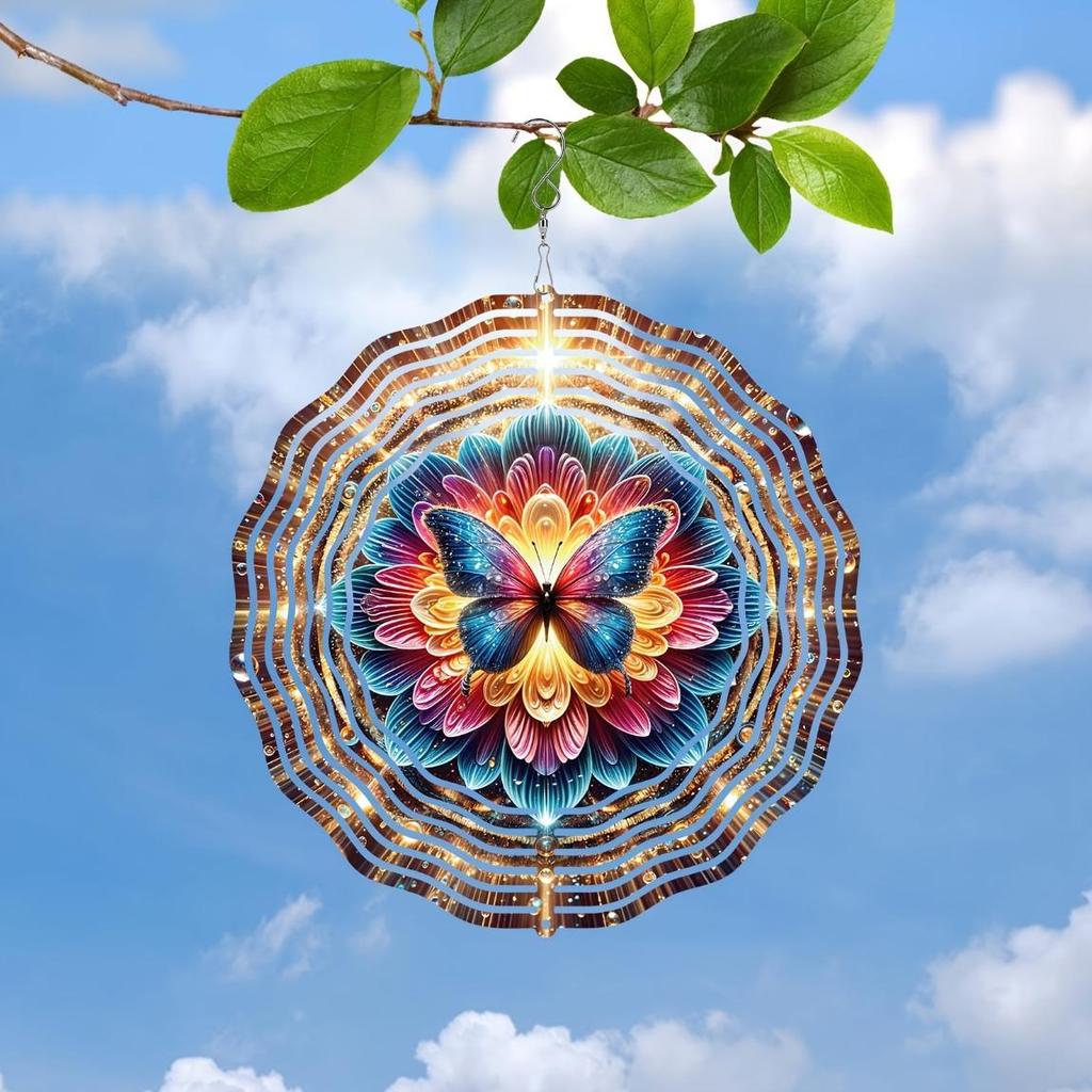Bohemian Mandala Floral Butterfly Wind Spinner 3D Stainless Steel Metal Sculpture for Garden Outdoor Indoor Decor Gift