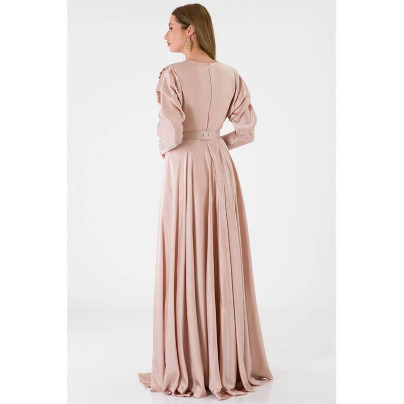 Langärmliges, drapiertes Hijab-Abendkleid in Beige