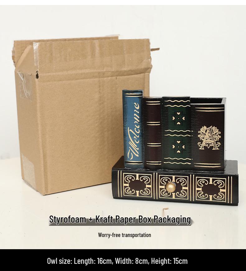 American Retro Wooden Pen Holder: Multi-functional Fake Book Desktop Storage Box and Home Study Ornament.
