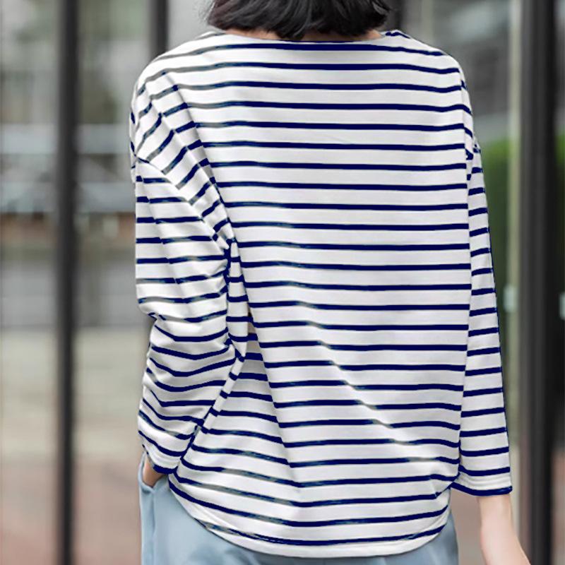 

Новая осенняя женская полосатая футболка из чистого хлопка, повседневная, простая, универсальная, с круглым вырезом и длинным рукавом L